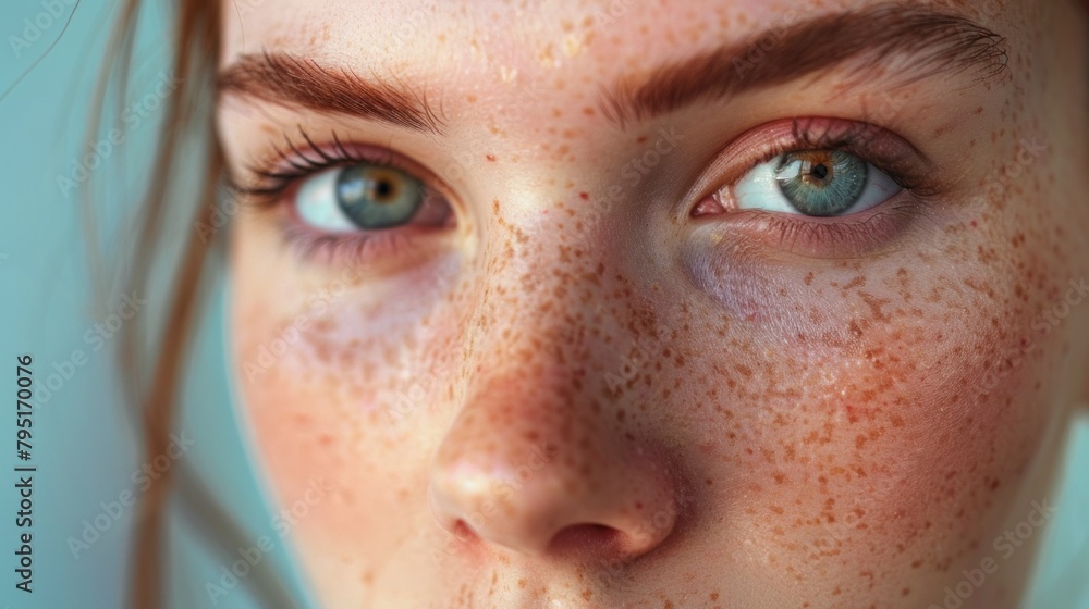 Close-up of female face with freckled skin. High-detailed shot of woman skin. Direct look into the camera