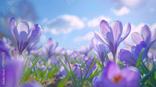 Wild violet crocuses on the meadow against the blue sky