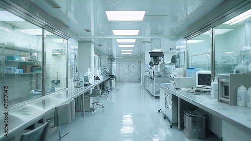 A large, sterile room with a lot of medical equipment and a computer