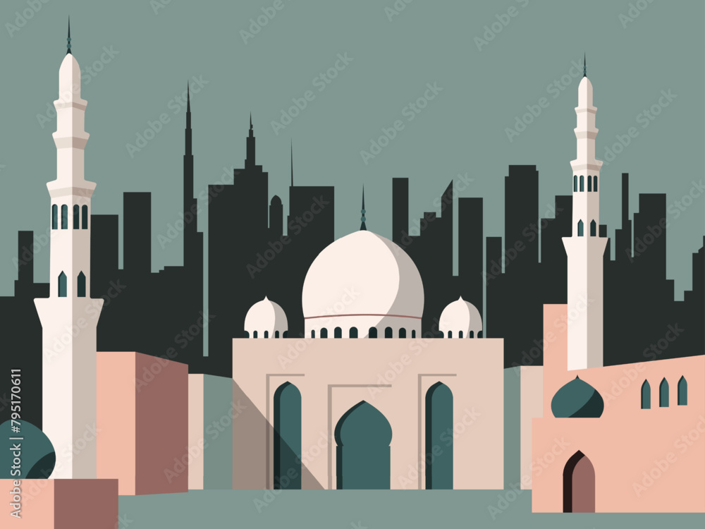 Arabian Mosque building exterior flat vector design illustration. Muslim architecture cityscape