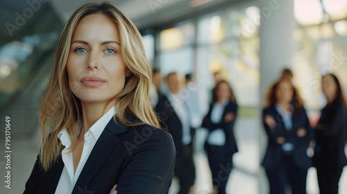 Business woman with her staff, people group in background at modern bright office indoors. Image of beautiful woman. copy space for text.