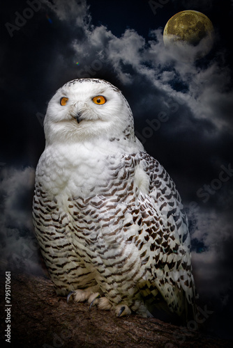 A white snowy owl perched in a tree at night with full moon in background