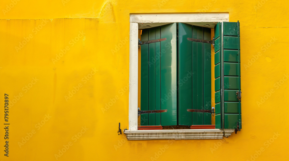 Window with green shutters on the yellow wall 