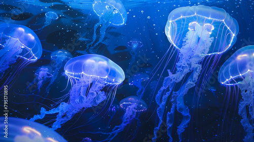 A tranquil seascape dotted with luminous jellyfish, their delicate forms aglow with the shifting hues of a twilight ocean, a mesmerizing dance beneath the waves.