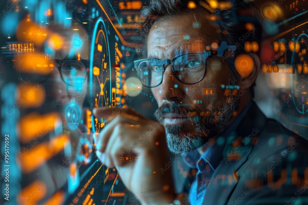 A man interacts with state-of-the-art virtual touch interface technology, detailed with glowing elements A man interacts with state-of-the-art virtual touch interface technology, detailed with glowing elements