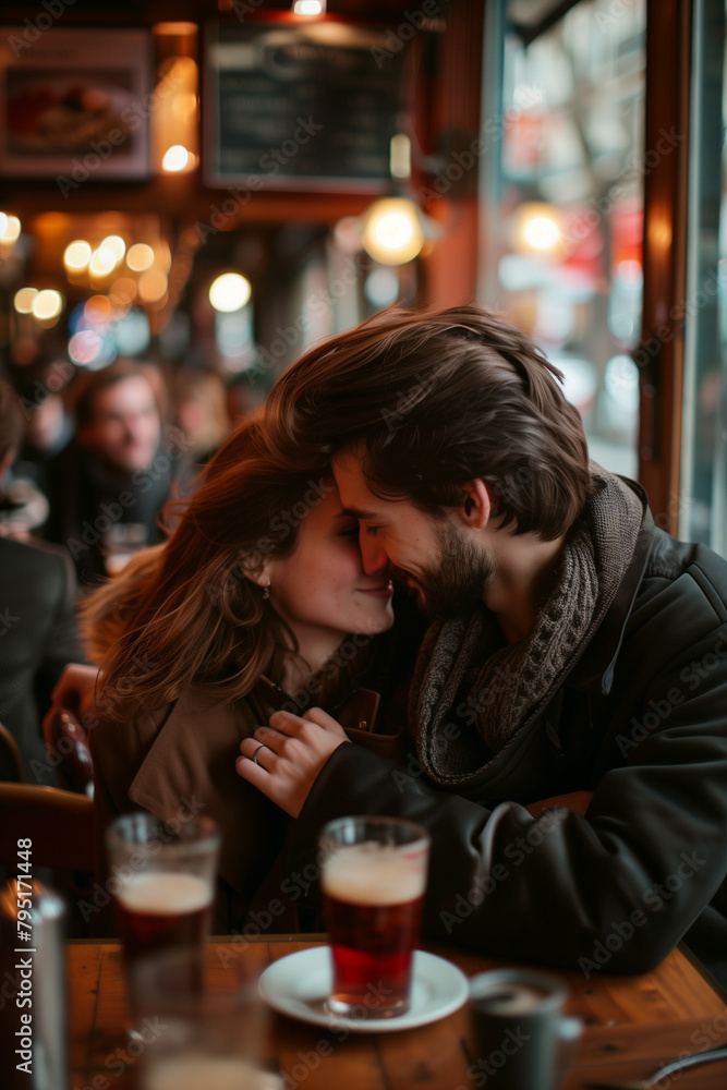 **man and woman embracing in a crowded cafe, in the style of romantic charm, sigma 85mm f/1.4 dg hsm art, 32k uhd, rollei prego 90, lifelike representation, romantic compositions