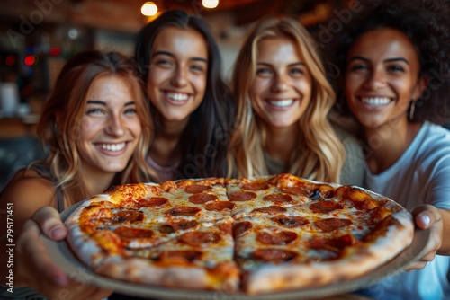 A group of vivacious young women holding up a pepperoni pizza to the camera with a gleeful look on their faces