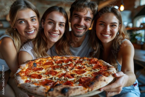 A close-up, four friends smiling, holding a pepperoni pizza, central to their joyful gathering at a restaurant