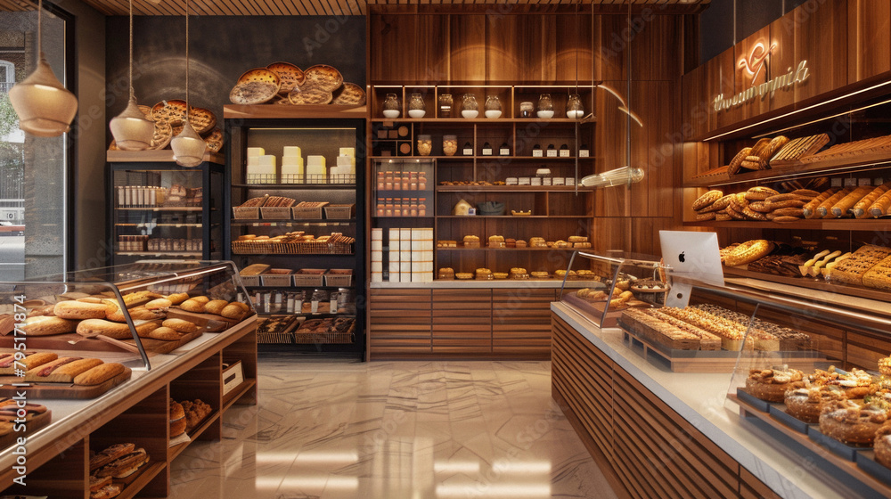 A bakery with a large display case of bread and pastries