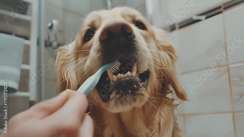 The dog brushes his teeth at the clinic
