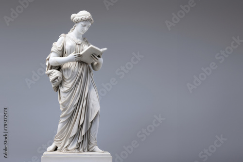 Graceful marble statue of Athena focused on reading a book. Space for text