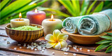 Spa salon, rest, relaxation, decor, candle and stones for spa, towels, background for spa salon macro