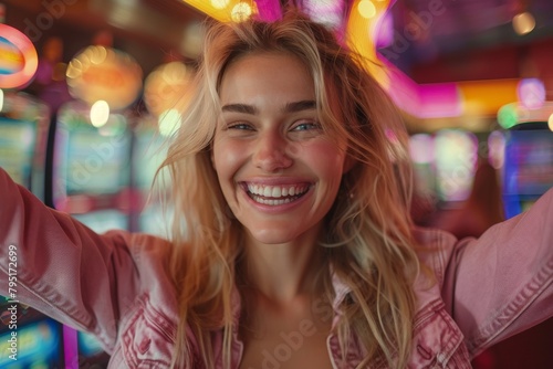 Excited young woman enjoys herself in a lively arcade environment, exuding happiness