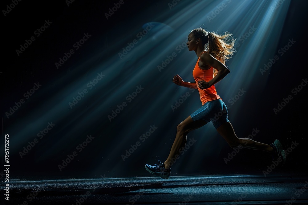A strong woman running on black background wearing in the sportswear, fitness and sport motivation, Runner concept with copy space A strong woman running on black background wearing in the sportswear, fitness and sport motivation, Runner concept with copy space