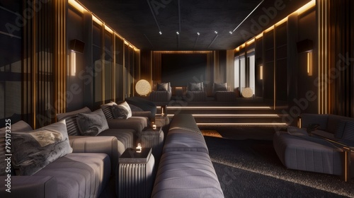 Luxurious modern Art Deco style home cinema with plush seating and ambient lighting