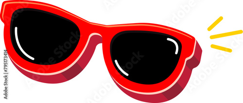 Red sunglasses with black lens isolated on white background. Cartoon funny womans red summer sunglasses icon, label and sign. Cool hipster Sunglasses vector graphic illustration