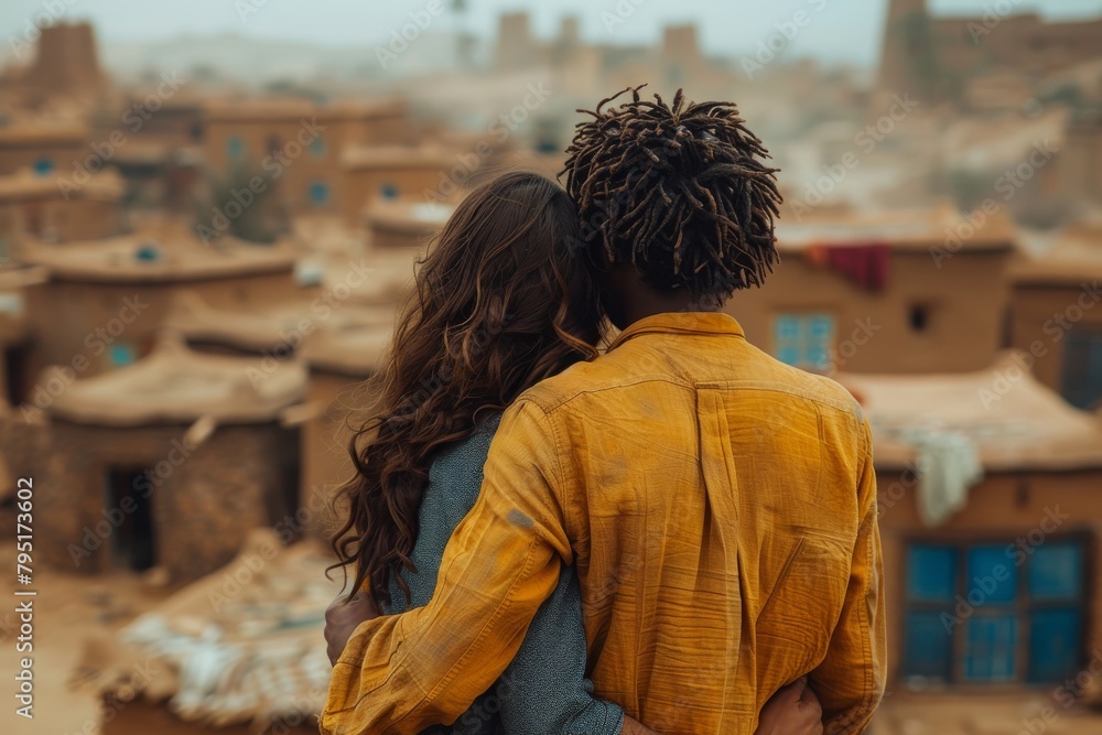 A couple embraces as they overlook a historic village landscape, symbolizing travel and cultural exploration