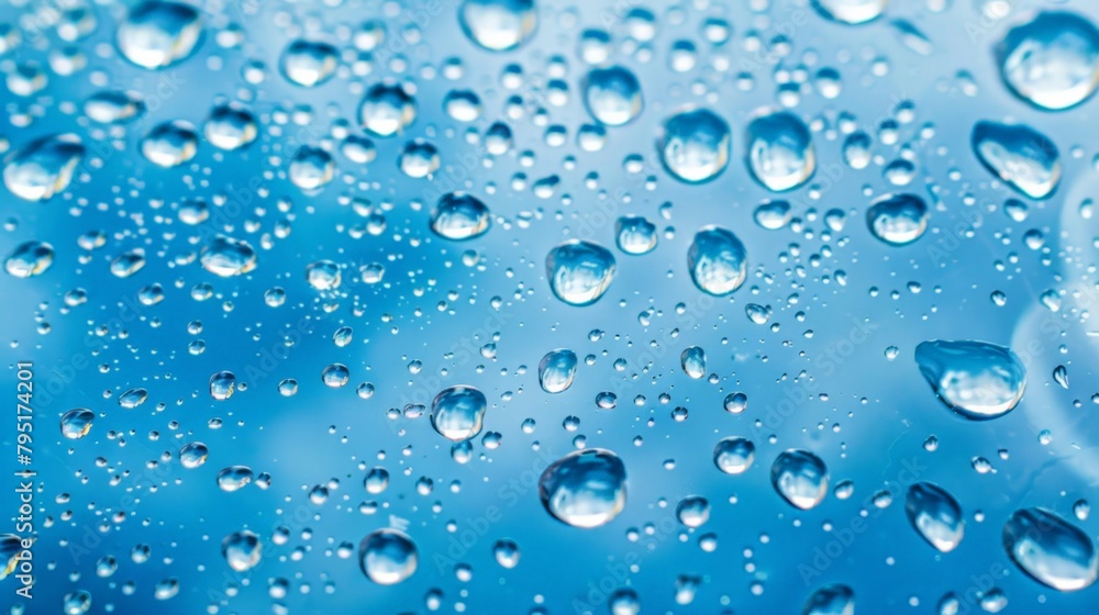 Water drops on a blue surface with a blue sky in the background