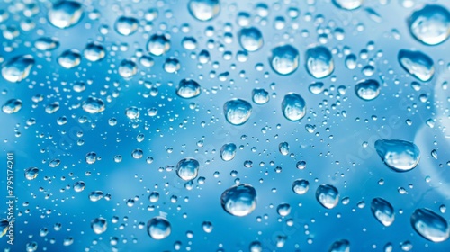 Water drops on a blue surface with a blue sky in the background