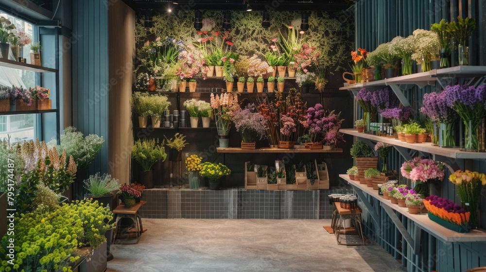 A flower shop with many different types of flowers on display