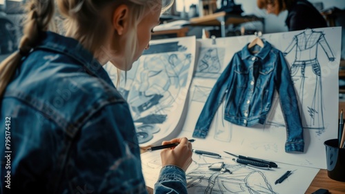 Over-the-shoulder shot of a designer drawing biodegradable denim outfits, with focus on the sketch and the vision behind the eco-friendly designs