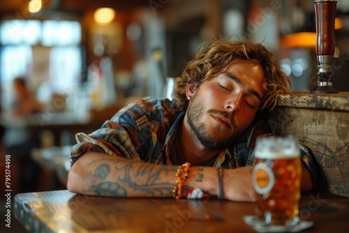 A tired man with tattooed arms resting his head on a wooden bar table next to a glass of beer, capturing a moment of exhaustion or intoxication photo