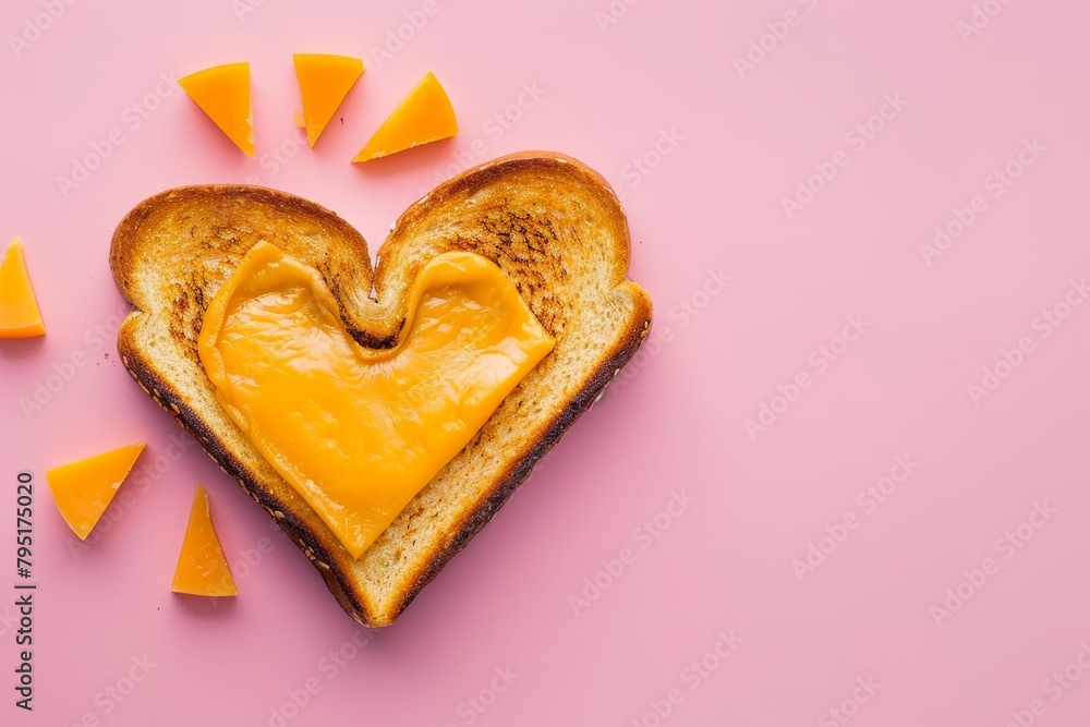 Heart-shaped grilled cheese sandwich on pink banner - romantic lunch snack idea for valentines day