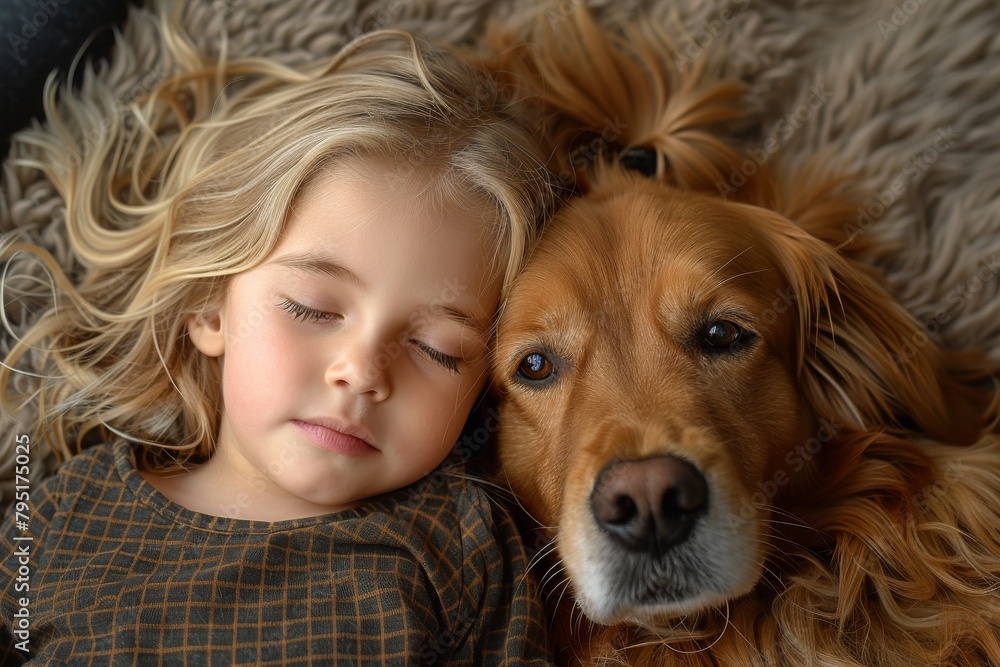 A young girl and a golden retriever share a peaceful and affectionate moment, lying together on a furry surface