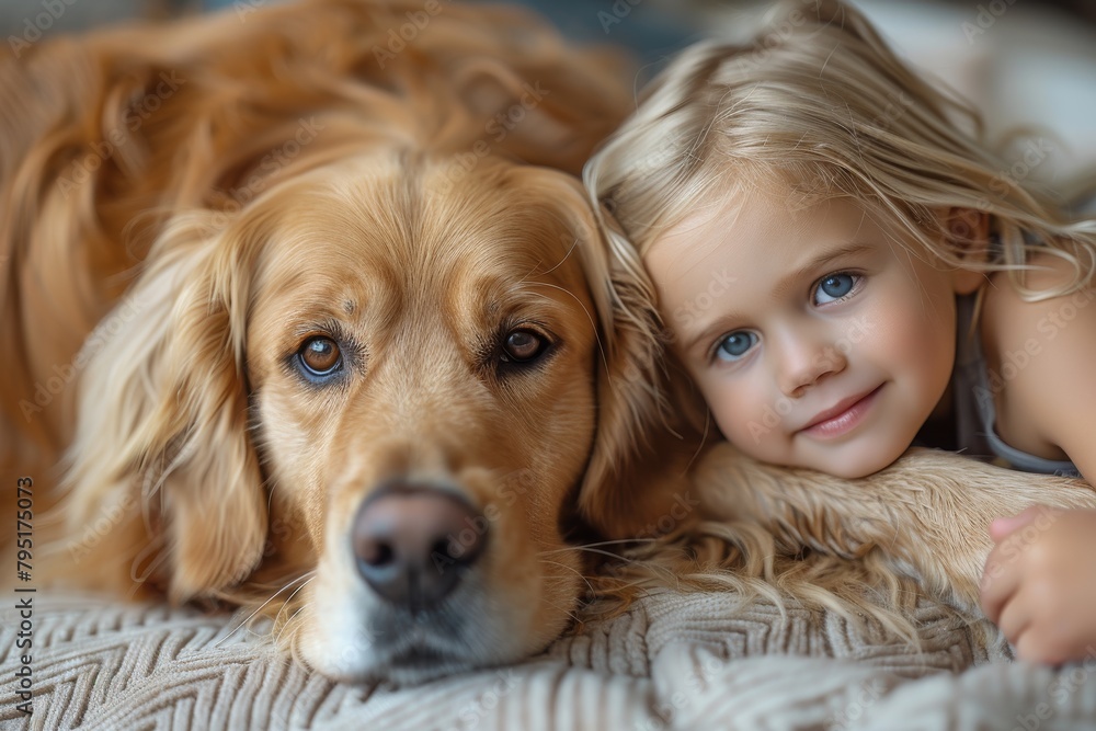 An adorable little girl with blue eyes shares a gentle hug with her golden retriever on a textured blanket