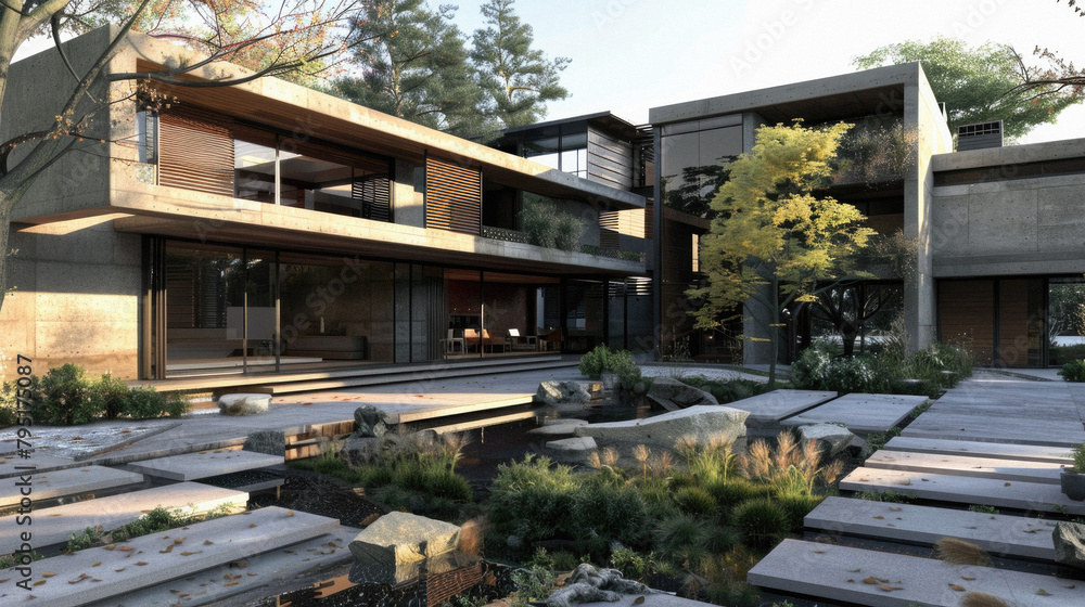 A large house with a large yard and a pond A large house with a large yard and a pond
