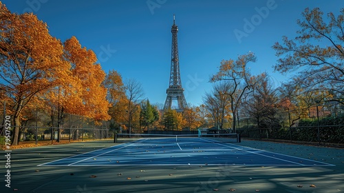 The tennis court in front of teh Eiffel Tower photo