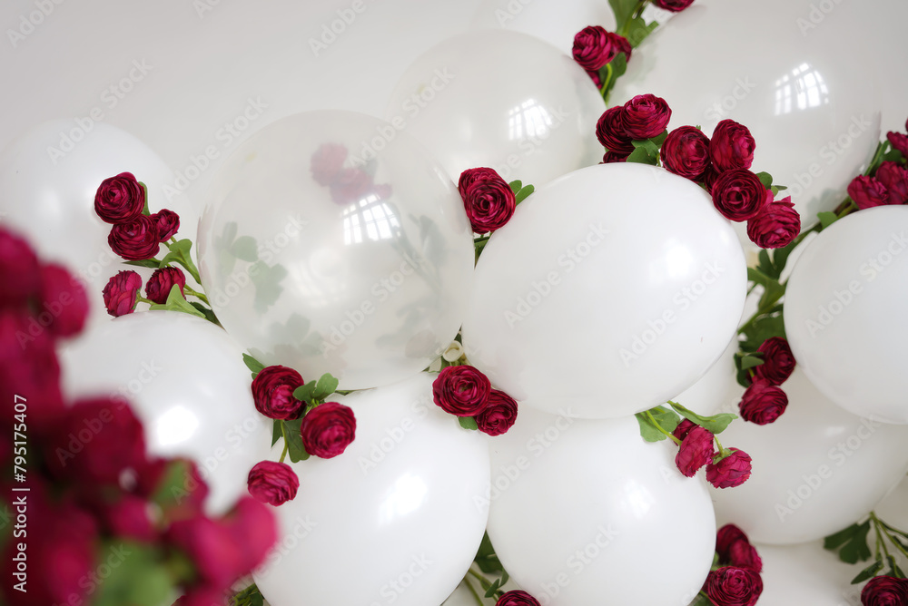 Garland of white balloons and burgundy roses. Garland of white balloons and burgundy roses.