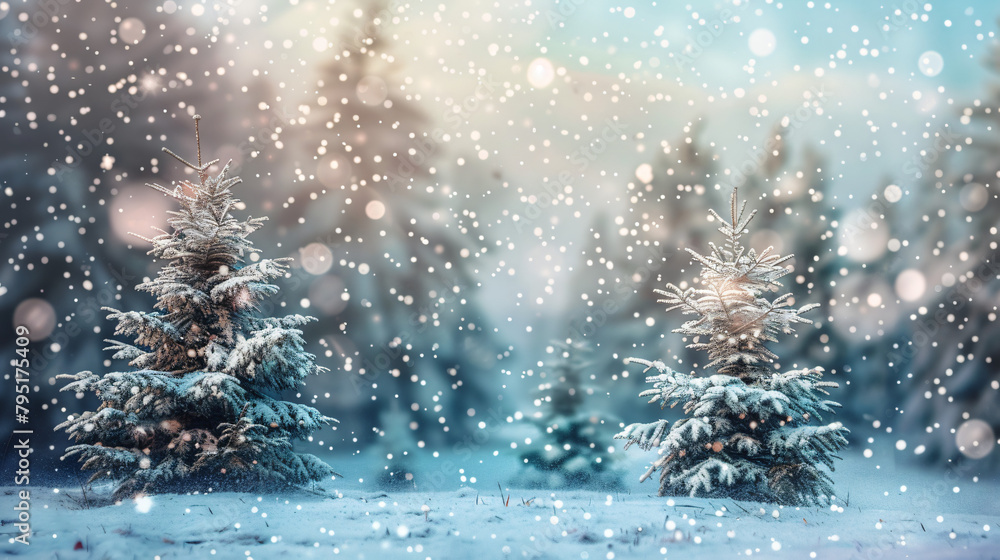 Winter Xmas background with snowfall and blurred bokeh
