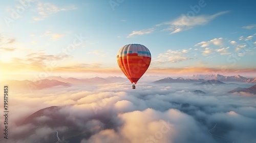 A hot air balloon flying over a sea of ​​clouds. Stunning collection of white clouds from above with sunlight over the horizon.