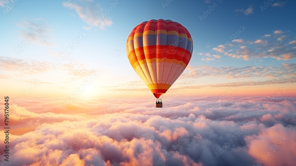 Obraz premium A hot air balloon flying over a sea of ​​clouds. Stunning collection of white clouds from above with sunlight over the horizon.
