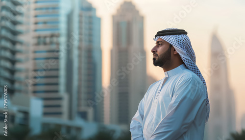 A man wearing a white shirt and a white scarf stands in front of a city skyline photo