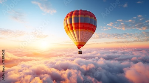 A hot air balloon flying over a sea of       clouds. Stunning collection of white clouds from above with sunlight over the horizon.