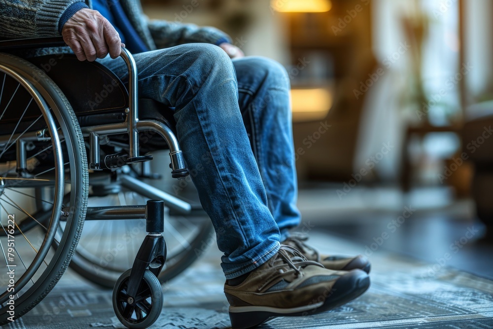 Obraz premium An elderly man's journey indoors with a wheelchair, depicting challenges and resilience in the quest for mobility and autonomy