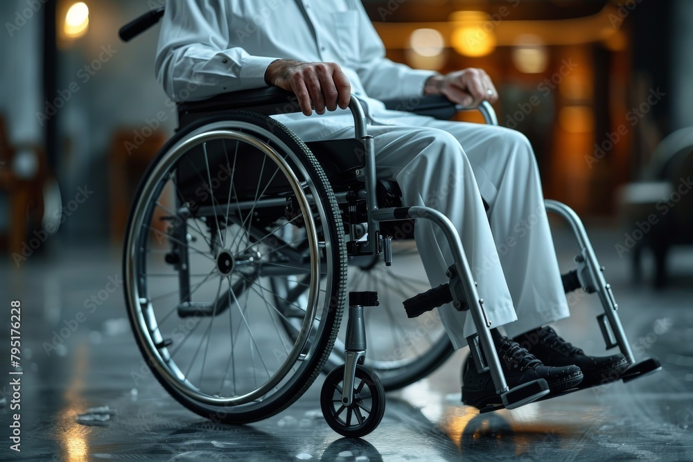 A focused close-up shot captures the hands of a man in white sitting in a wheelchair highlighting his disability and perseverance A focused close-up shot captures the hands of a man in white sitting in a wheelchair highlighting his disability and perseverance