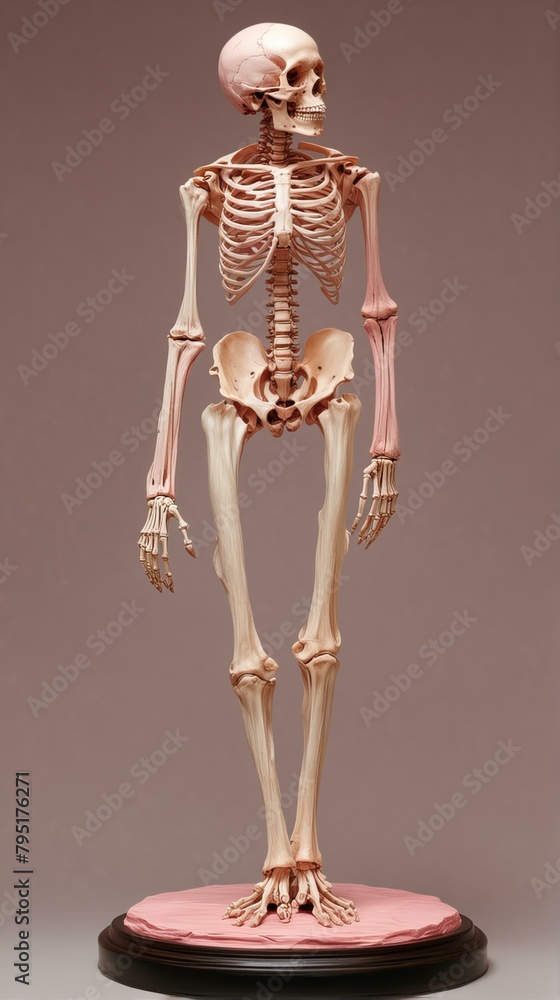 Full-length human skeleton on a pink background