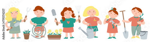 Little cute kids, pupils or school children are gardening with garden tools as bucket, shovel, pot with plant, watering hose, can, rake, trimmer. Vector cartoon illustration.
