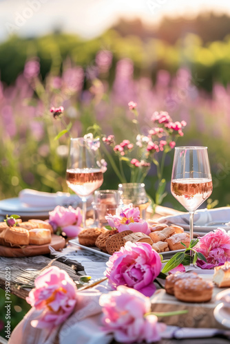Various desserts, cake, cookies, pastries and macaroons on a beautifully decorated outdoor table