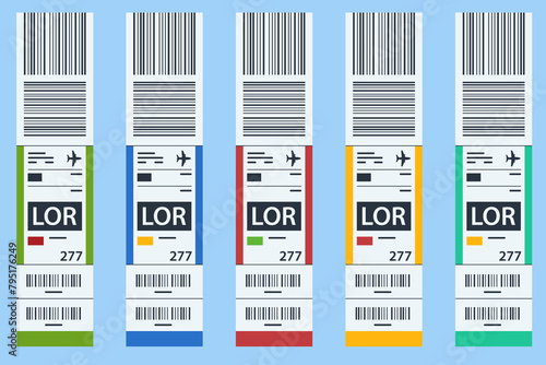 Luggage paper tags with barcode. Baggage information and identification tape mockup. Travel transportation bar code. Airport luggage barcode sticker. Sticky baggage label, hand luggage tag template.