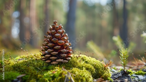 Pine cone on mossy rock