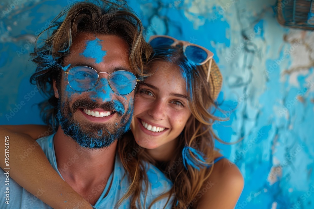 Naklejka premium Smiling couple embracing with splashes of blue paint on their faces and clothes
