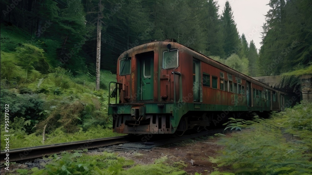 an apocalyptic train, desolate and overrun by nature, in rust red and forest green color palette, set against an overgrown railway background