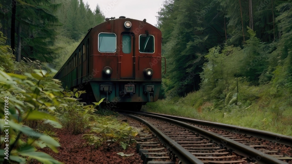 an apocalyptic train, desolate and overrun by nature, in rust red and forest green color palette, set against an overgrown railway background