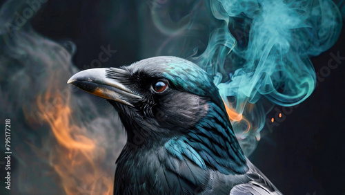 psychedelic portraits. portrait photo of crow, smoke is swirling around the head, dreamlike installations, hyper-realistic smoke