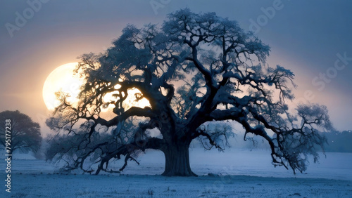 Ancient oak tree with sprawling branches frozen in time