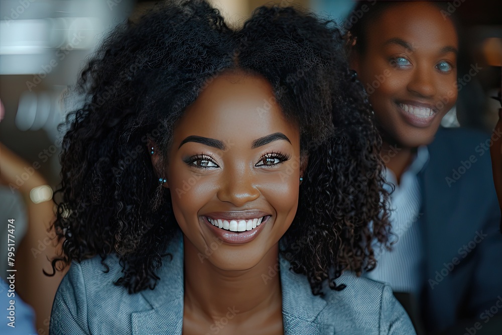 A woman with curly hair is smiling and wearing a suit. She is surrounded by other people, some of whom are also smiling. Scene is happy and friendly A woman with curly hair is smiling and wearing a suit. She is surrounded by other people, some of whom are also smiling. Scene is happy and friendly